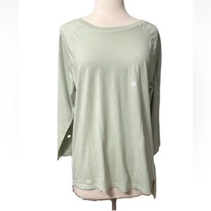 Eddie Bauer Light Green Cotton Lace Inset 3/4 Sleeve  Top T Shirt New Medium